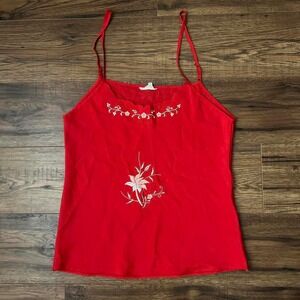 Red Floral Embroidered Cami Tank Spaghetti Straps Medium Fairy‎ Cottage Coquette